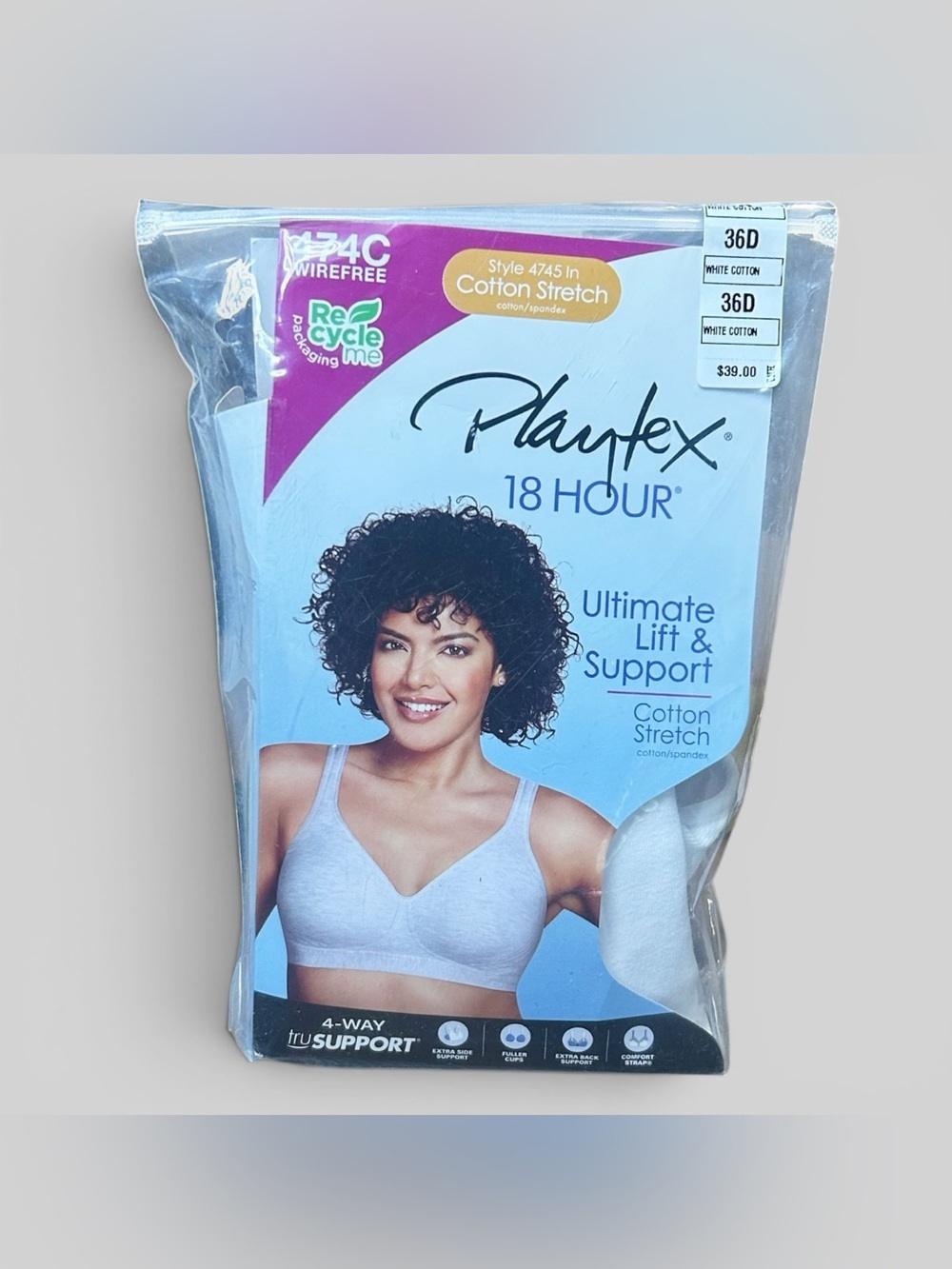 Playtex 18 Hour Ultimate Lift & Support Cotton Stretch Wire Free Bra 36D White